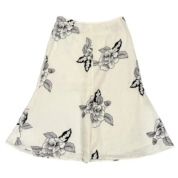 John Paul Richard 100% Linen Floral Skirt Black White Midi 8 Boho Cottage Chic - Picture 1 of 7